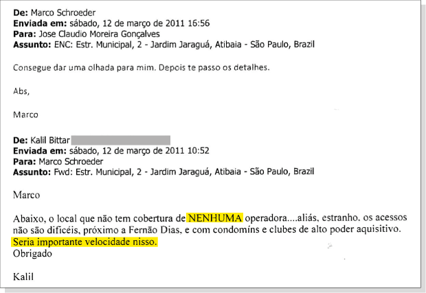 Reproduo de e-mail de Kalil Bittar a executivo da Oi - Reproduo / Folha de So Paulo