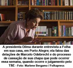 A presidenta Dilma durante entrevista a Folha em sua casa, em Porto Alegre; ela falou das delaes de Marcelo Odebrecht e do processo de cassao de sua chapa que pode ocorrer essa semana, quando ocorre o julgamento pelo TSE - Foto: Marlene Bergamo / Folhapress