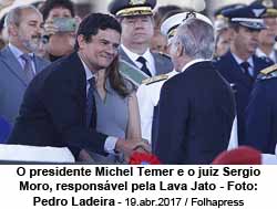 O presidente Michel Temer e o juiz Sergio Moro, responsvel pela Lava Jato - Foto: Pedro Ladeira - 19.abr.2017 / Folhapress