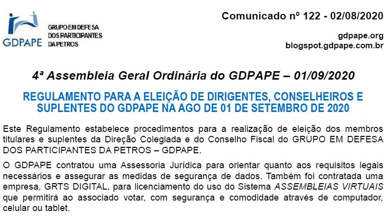 GDPAPE - Comunicado 122 - 02/08/2020
