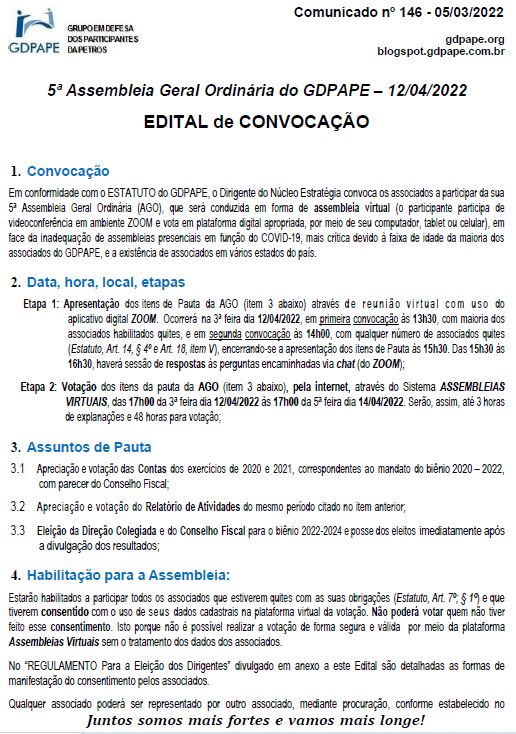 GDPAPE - Comunicado 146 - 05/03/2022