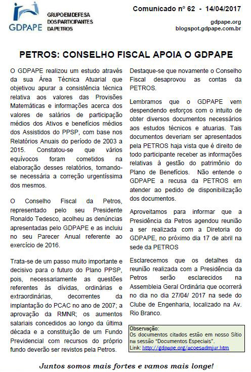 GDPAPE - Comunicado 62 - 14/04/2017