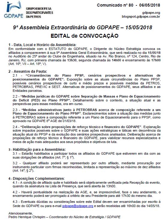 GDPAPE - Comunicado 80 - 06/05/2018