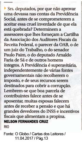 Cartas dos Leitores - O Globo / 11.04.2017