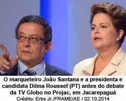 O marqueteiro Joo Santana e a presidenta e candidata Dilma Roussef (PT) antes do debate da TV Globo no Projac, em Jacarepagu - Crdito: Erbs Jr./FRAME/AE / 02.10.2014