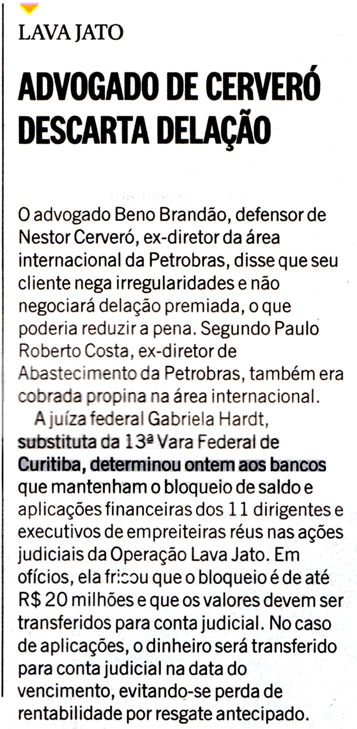 O Globo - 20/01/2015 - PETROLO: UTC quer derrubar tese de cartel
