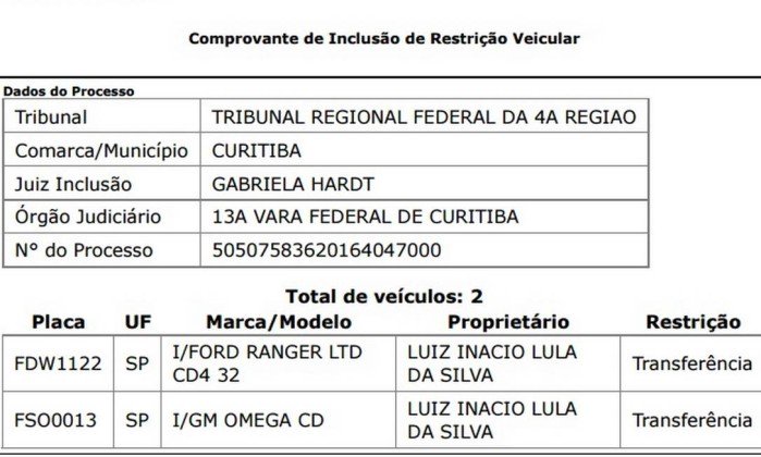 Documento mostra bloqueio de dois veculos de propriedade do ex-presidente Luiz Incio Lula da Silva - Reproduo