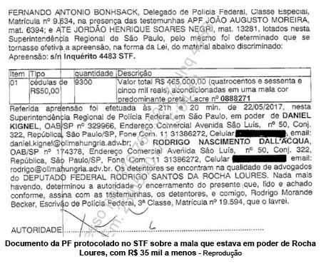 Documento da PF protocolado no STF sobre a mala que estava em poder de Rocha Loures, com R$ 35 mil a menos - Reproduo