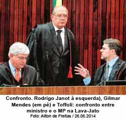 Confronto. Rodrigo Janot  esquerda), Gilmar Mendes (em p) e Toffoli: confronto entre ministro e o MP na Lava-Jato