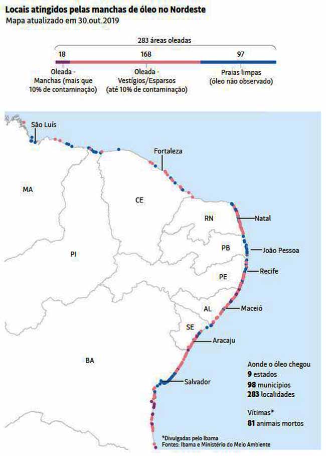 Locais atingidos por manchas de leo no Nordeste -Folha de So Paulo / 01.11.2019