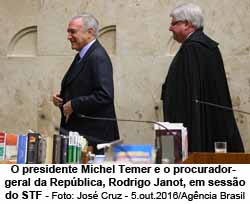 O presidente Michel Temer e o procurador-geral da República, Rodrigo Janot, em sessão do STF - Foto: José Cruz - 5.out.2016/Agência Brasil