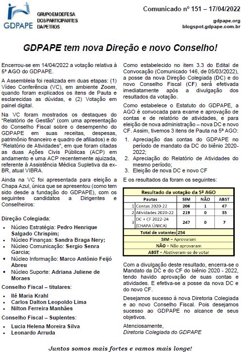 GDPAPE - Comunicado 151 - 17/04/2022