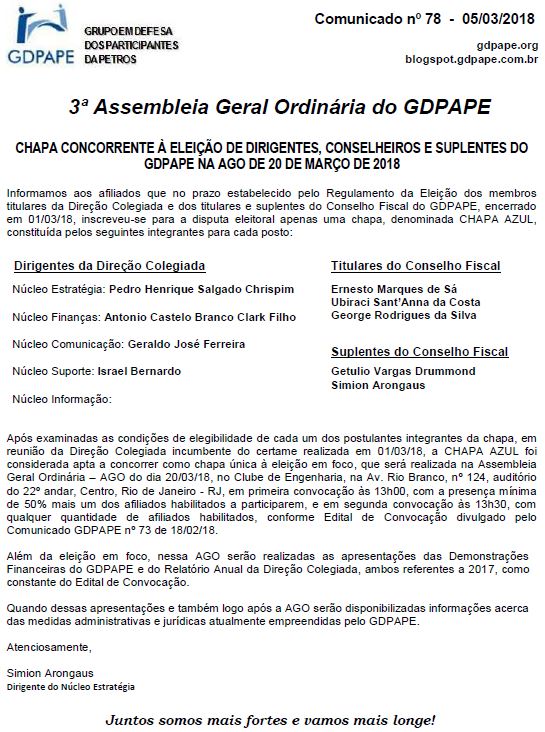GDPAPE - Comunicado 78 - 05/03/2018