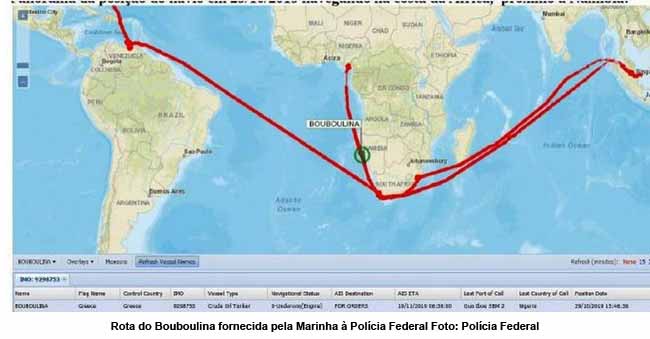 Rota do Bouboulina fornecida pela Marinha  Polcia Federal Foto: Polcia Federal