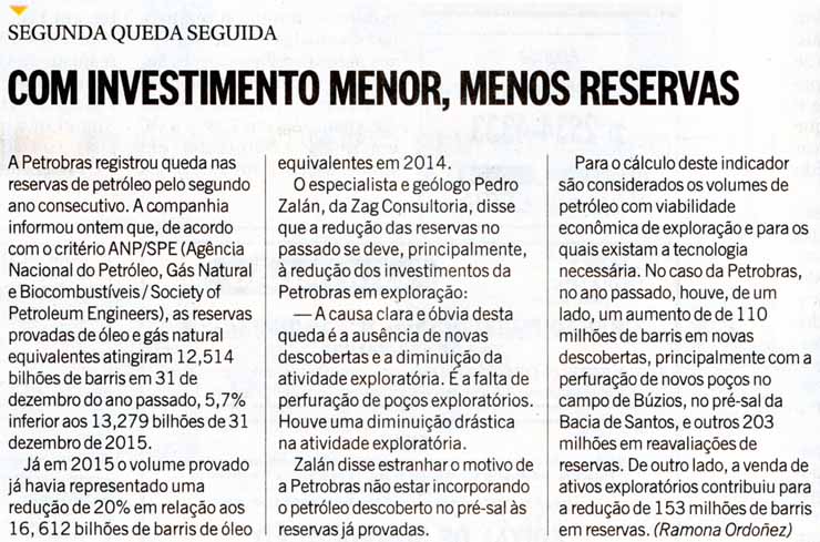 PETROBRAS: Investimento menor, menos reservas